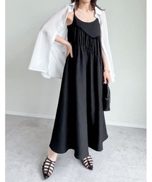 [低身長サイズ有]シャーリングアシンメトリー切り替えキャミワンピース