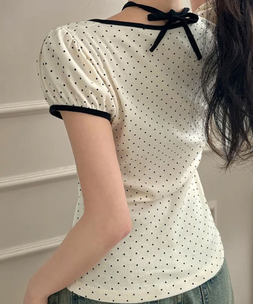 VIVID LADY(ビビッドレディー)の「水玉柄パフスリーブ半袖Tシャツ(Tシャツ/カットソー・レディース・ブラウン/レッド/ブラック/クリーム・FREE)」の14枚目の写真