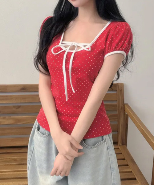 VIVID LADY(ビビッドレディー)の「水玉柄パフスリーブ半袖Tシャツ(Tシャツ/カットソー・レディース・ブラウン/レッド/ブラック/クリーム・FREE)」の8枚目の写真