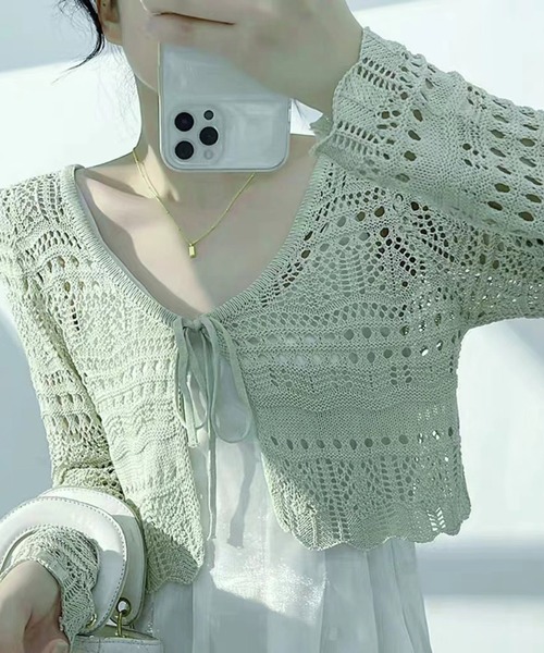 Chiina（チーナ）の「Chiina / クロップド クロシェ編みカーディガン（カーディガン/ボレロ・レディース・ブラック/ホワイト/アイボリー/ライトグリーン/レッド・FREE）」の4枚目の写真