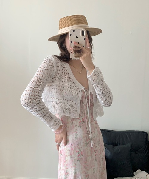 Chiina（チーナ）の「Chiina / クロップド クロシェ編みカーディガン（カーディガン/ボレロ・レディース・ブラック/ホワイト/アイボリー/ライトグリーン/レッド・FREE）」の20枚目の写真