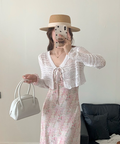 Chiina（チーナ）の「Chiina / クロップド クロシェ編みカーディガン（カーディガン/ボレロ・レディース・ブラック/ホワイト/アイボリー/ライトグリーン/レッド・FREE）」の10枚目の写真