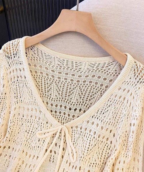 Chiina（チーナ）の「Chiina / クロップド クロシェ編みカーディガン（カーディガン/ボレロ・レディース・ブラック/ホワイト/アイボリー/ライトグリーン/レッド・FREE）」の9枚目の写真