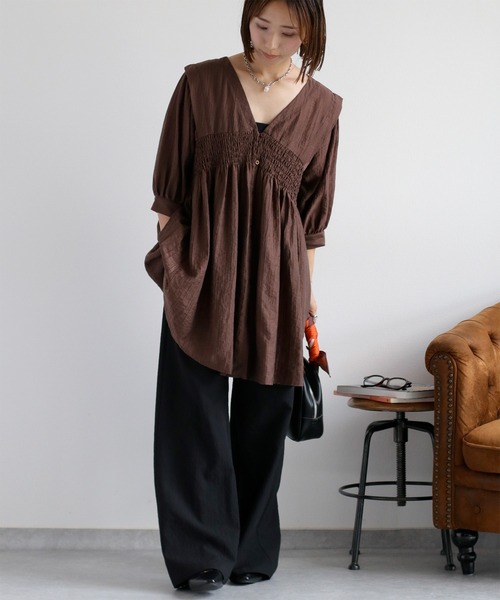 cepo（セポ）の「パフスリーブシャーリングワンピース（シャツワンピース・レディース・サックスブルー/ブラウン/オフホワイト・M）」の3枚目の写真