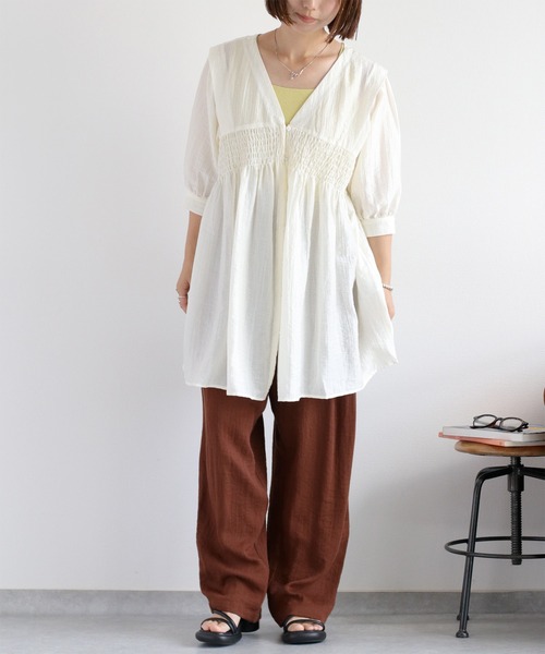 cepo（セポ）の「パフスリーブシャーリングワンピース（シャツワンピース・レディース・サックスブルー/ブラウン/オフホワイト・M）」の21枚目の写真