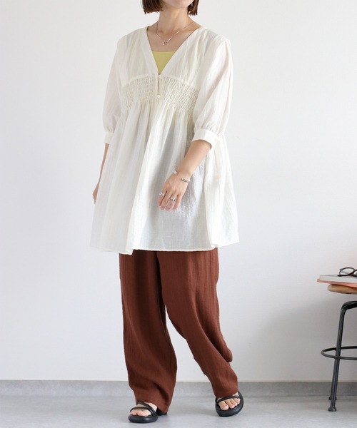 cepo（セポ）の「パフスリーブシャーリングワンピース（シャツワンピース・レディース・サックスブルー/ブラウン/オフホワイト・M）」の17枚目の写真