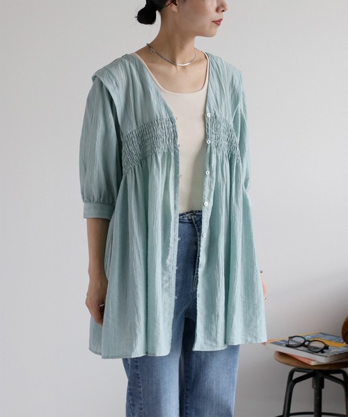 cepo（セポ）の「パフスリーブシャーリングワンピース（シャツワンピース・レディース・サックスブルー/ブラウン/オフホワイト・M）」の16枚目の写真