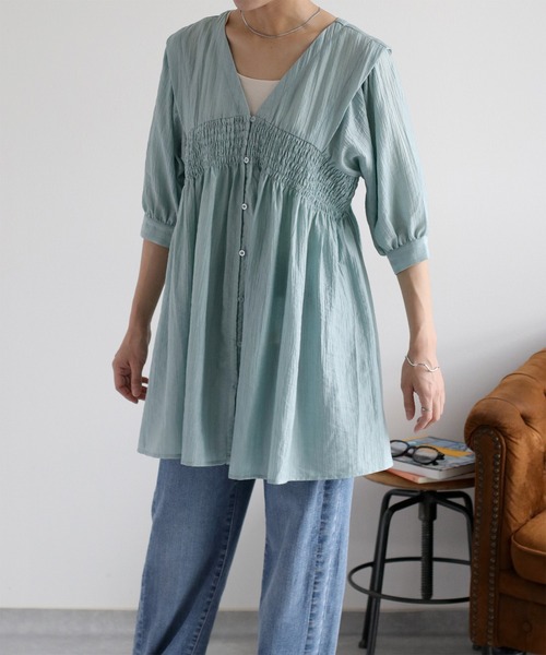 cepo（セポ）の「パフスリーブシャーリングワンピース（シャツワンピース・レディース・サックスブルー/ブラウン/オフホワイト・M）」の9枚目の写真