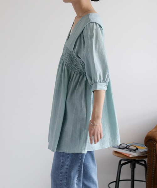 cepo（セポ）の「パフスリーブシャーリングワンピース（シャツワンピース・レディース・サックスブルー/ブラウン/オフホワイト・M）」の10枚目の写真