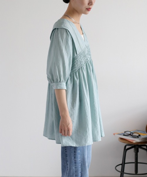 cepo（セポ）の「パフスリーブシャーリングワンピース（シャツワンピース・レディース・サックスブルー/ブラウン/オフホワイト・M）」の12枚目の写真