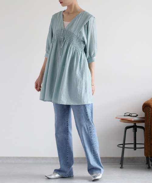 cepo（セポ）の「パフスリーブシャーリングワンピース（シャツワンピース・レディース・サックスブルー/ブラウン/オフホワイト・M）」の5枚目の写真