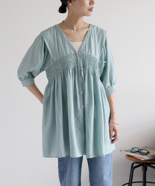 cepo（セポ）の「パフスリーブシャーリングワンピース（シャツワンピース・レディース・サックスブルー/ブラウン/オフホワイト・M）」の13枚目の写真