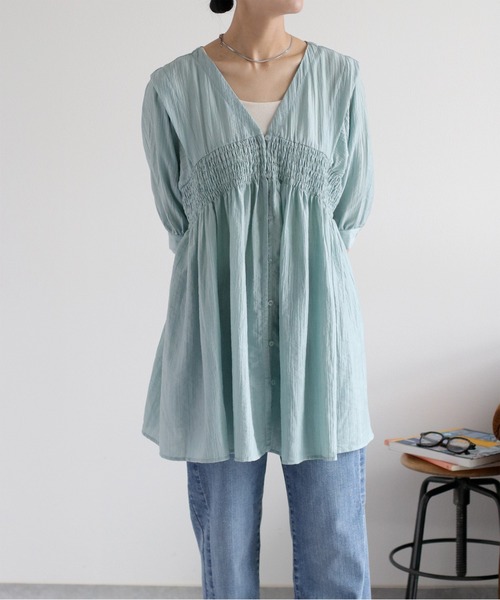 cepo（セポ）の「パフスリーブシャーリングワンピース（シャツワンピース・レディース・サックスブルー/ブラウン/オフホワイト・M）」の14枚目の写真