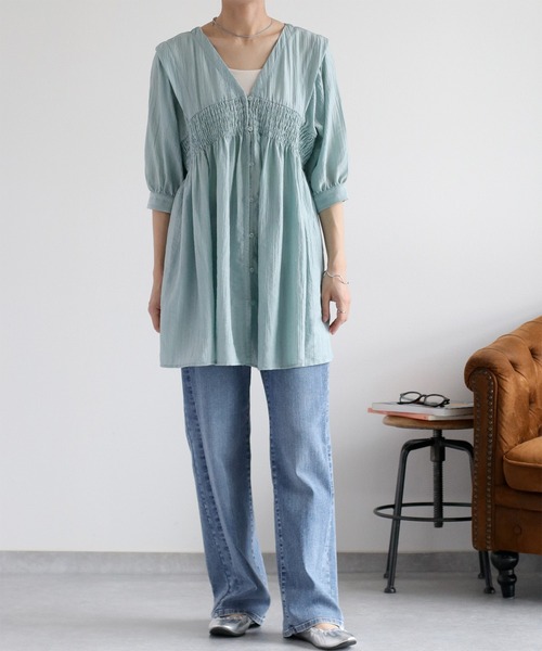 cepo（セポ）の「パフスリーブシャーリングワンピース（シャツワンピース・レディース・サックスブルー/ブラウン/オフホワイト・M）」の4枚目の写真