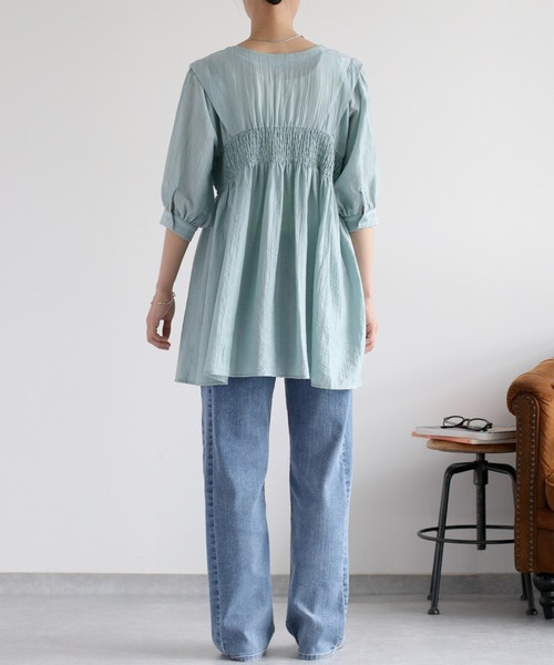 cepo（セポ）の「パフスリーブシャーリングワンピース（シャツワンピース・レディース・サックスブルー/ブラウン/オフホワイト・M）」の6枚目の写真