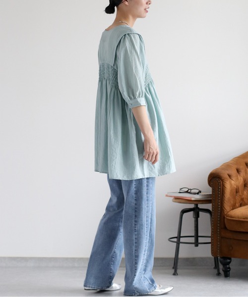 cepo（セポ）の「パフスリーブシャーリングワンピース（シャツワンピース・レディース・サックスブルー/ブラウン/オフホワイト・M）」の7枚目の写真