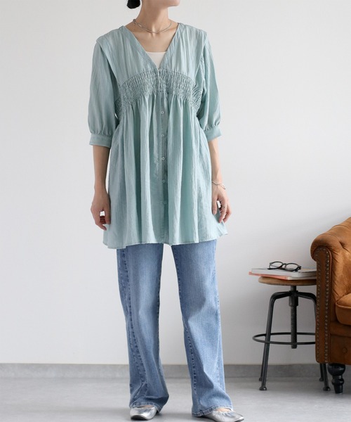 cepo（セポ）の「パフスリーブシャーリングワンピース（シャツワンピース・レディース・サックスブルー/ブラウン/オフホワイト・M）」の8枚目の写真