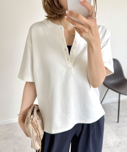 tシャツ 「NOAHL」「accoさんコラボ」ストレッチコットンヘンリーネックTシャツ レディース NOAHL】《accoさんコラボ》ストレッチコットンヘンリーネックT