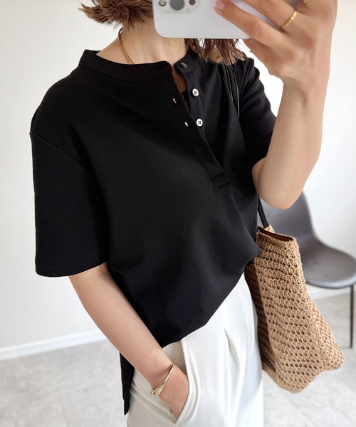 tシャツ 「NOAHL」「accoさんコラボ」ストレッチコットンヘンリーネックTシャツ レディース NOAHL】《accoさんコラボ》ストレッチコットンヘンリーネックT