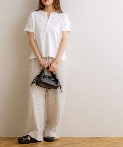 tシャツ 「NOAHL」「accoさんコラボ」ストレッチコットンヘンリーネックTシャツ レディース NOAHL】《accoさんコラボ》ストレッチコットンヘンリーネックT