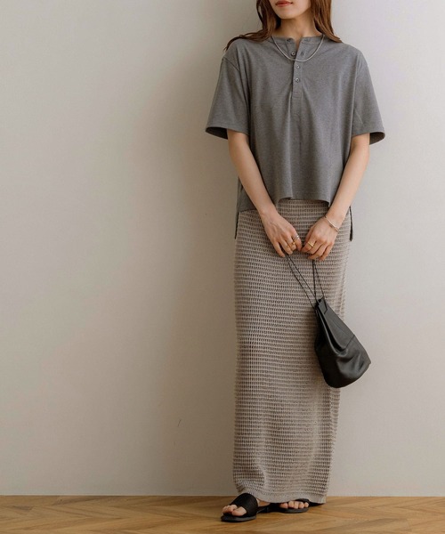 tシャツ 「NOAHL」「accoさんコラボ」ストレッチコットンヘンリーネックTシャツ レディース NOAHL】《accoさんコラボ》ストレッチコットンヘンリーネックT