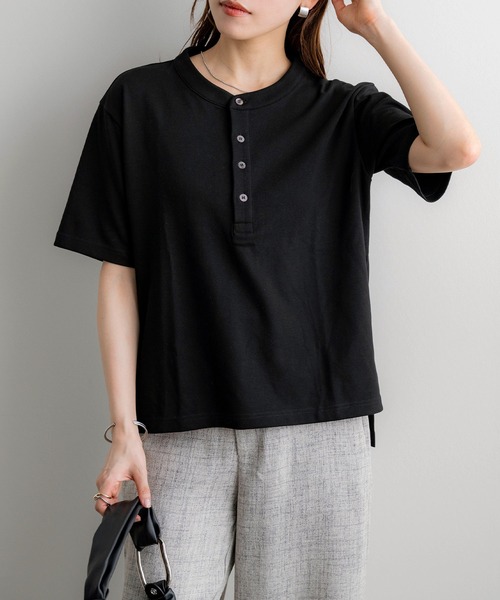 tシャツ 「NOAHL」「accoさんコラボ」ストレッチコットンヘンリーネックTシャツ レディース NOAHL】《accoさんコラボ》ストレッチコットンヘンリーネックT