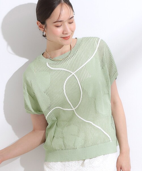 Cutie Blonde（キューティーブロンド）の「【S-LL】にょろにょろ刺繍 透かし編みニット（ニット/セーター・レディース・ブラック/グリーン系/オフホワイト・02/04/01/03）」の3枚目の写真