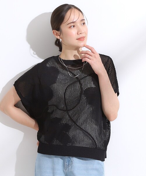 Cutie Blonde（キューティーブロンド）の「【S-LL】にょろにょろ刺繍 透かし編みニット（ニット/セーター・レディース・ブラック/グリーン系/オフホワイト・02/04/01/03）」の8枚目の写真