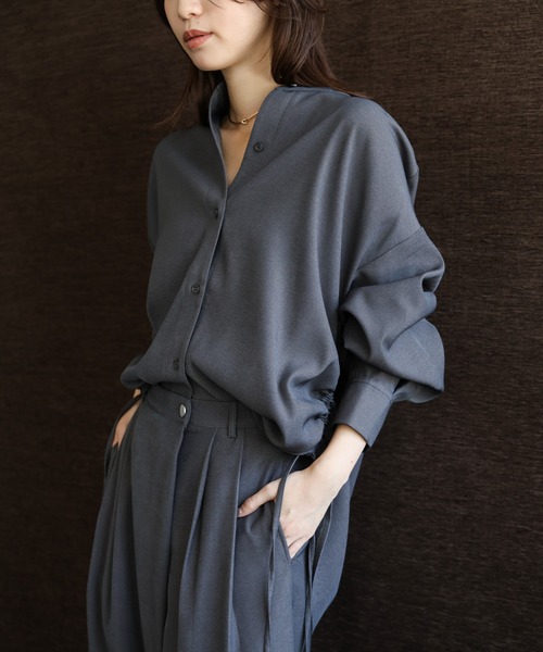 select MOCA Et(セレクトモカエト)の「【Et】Side Shirring Band Collar Shirt(シャツ/ブラウス・レディース・ブラウン/チャコール・FREE)」の1枚目の写真
