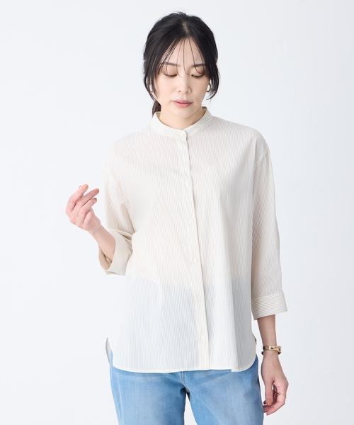 A/C DESIGN BY ALPHA CUBIC(エーシーデザインバイアルファキュービック)の「ストライプバンドカラーシャツ(シャツ/ブラウス・レディース・ベージュ/ライトグレー/ブラック・11号/9号/13号)」の4枚目の写真