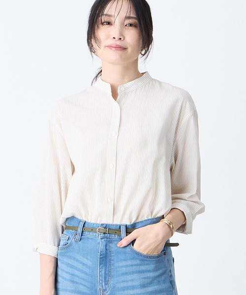 A/C DESIGN BY ALPHA CUBIC(エーシーデザインバイアルファキュービック)の「ストライプバンドカラーシャツ(シャツ/ブラウス・レディース・ベージュ/ライトグレー/ブラック・11号/9号/13号)」の3枚目の写真