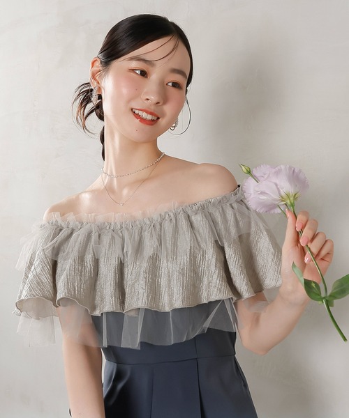 Kana(カナ)の「チュールフリル オフショル 2WAY パンツドレス パーティー 結婚式 お呼ばれ オケージョン(パンツドレス・レディース・ダークブルー/ブラウン/ブラック・M)」の3枚目の写真
