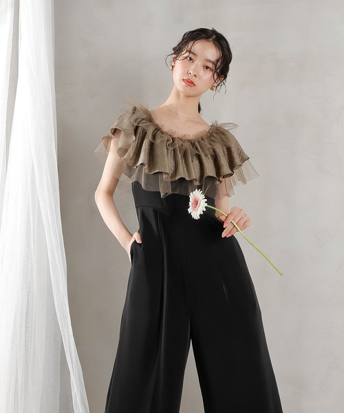 セール】チュールフリル オフショル 2WAY パンツドレス パーティー