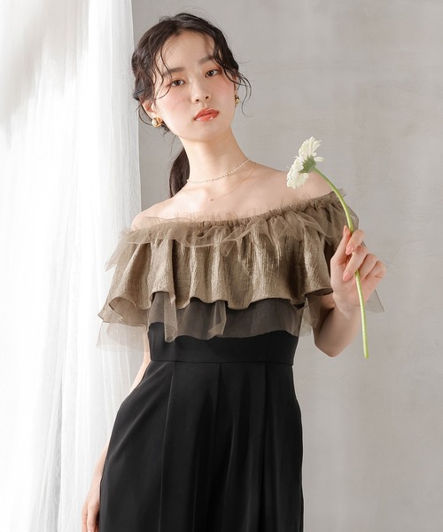 Kana(カナ)の「チュールフリル オフショル 2WAY パンツドレス パーティー 結婚式 お呼ばれ オケージョン(パンツドレス・レディース・ダークブルー/ブラウン/ブラック・M)」の11枚目の写真