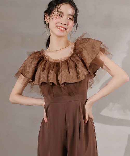 Kana(カナ)の「チュールフリル オフショル 2WAY パンツドレス パーティー 結婚式 お呼ばれ オケージョン(パンツドレス・レディース・ダークブルー/ブラウン/ブラック・M)」の16枚目の写真