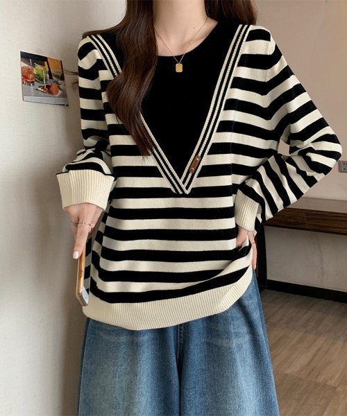 ONEP STAR(ワンピスター)の「レイヤード風ニットトップス(ニット/セーター・レディース・ブラック/ホワイト×ブラック・FREE)」の5枚目の写真