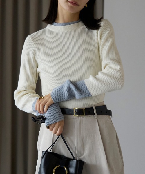 pocket(ポケット)の「配色リブプルオーバー(ニット/セーター・レディース・オレンジ/オフホワイト/チャコールグレー/ブラック・FREE)」の2枚目の写真