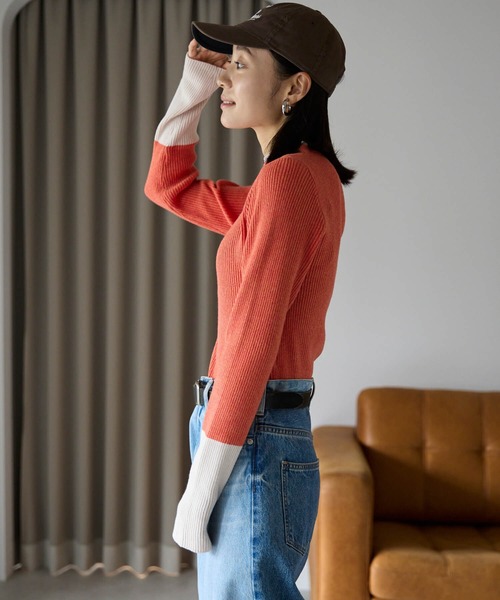 pocket(ポケット)の「配色リブプルオーバー(ニット/セーター・レディース・オレンジ/オフホワイト/チャコールグレー/ブラック・FREE)」の6枚目の写真