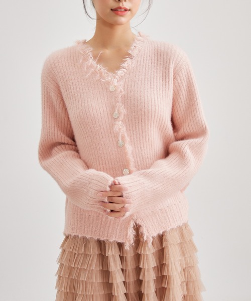 Lace Ladies(レースレディース)の「Vネック フリンジ リブ ニット カーディガン(カーディガン/ボレロ・レディース・ピンク/ベージュ/アイボリー/オリーブ・FREE)」の4枚目の写真