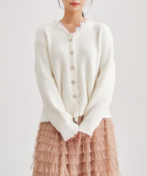 Lace Ladies(レースレディース)の「Vネック フリンジ リブ ニット カーディガン(カーディガン/ボレロ・レディース・ピンク/ベージュ/アイボリー/オリーブ・FREE)」の1枚目の写真