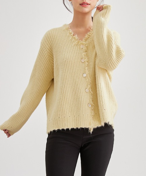 Lace Ladies(レースレディース)の「Vネック フリンジ リブ ニット カーディガン(カーディガン/ボレロ・レディース・ピンク/ベージュ/アイボリー/オリーブ・FREE)」の13枚目の写真
