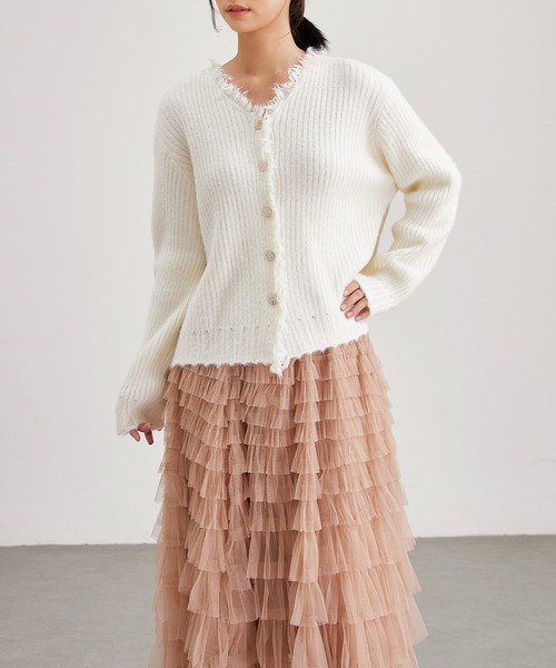 Lace Ladies(レースレディース)の「Vネック フリンジ リブ ニット カーディガン(カーディガン/ボレロ・レディース・ピンク/ベージュ/アイボリー/オリーブ・FREE)」の21枚目の写真