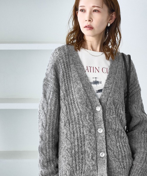 セール】ゆるケーブル編みVネックニットカーディガン（カーディガン