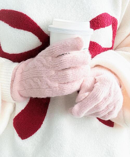 WEGO(ウィゴー)の「WEGO/ケーブル編みニットグローブ(手袋・レディース・サックスブルー/ライトピンク/ブラック/オフホワイト/グレー/レッド・FREE)」の5枚目の写真