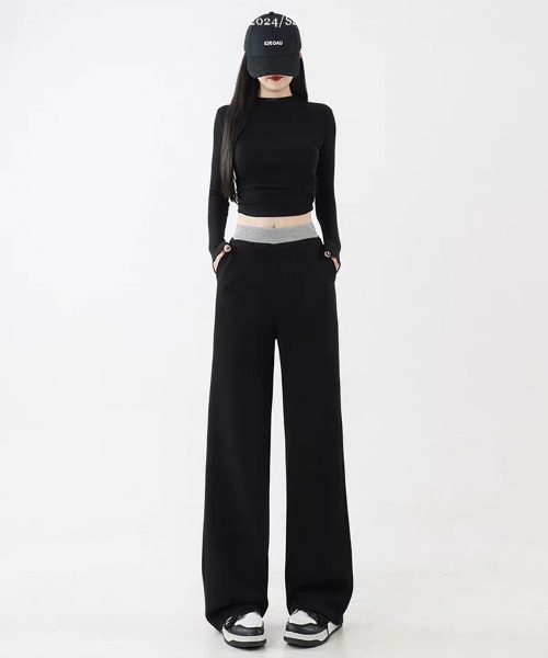 HANDO(ハンド)の「配色ウエスト美脚ワイドリラックスパンツ(スウェットパンツ・レディース・ネイビー/ブラック・S/M/L/XL/XXL)」の11枚目の写真