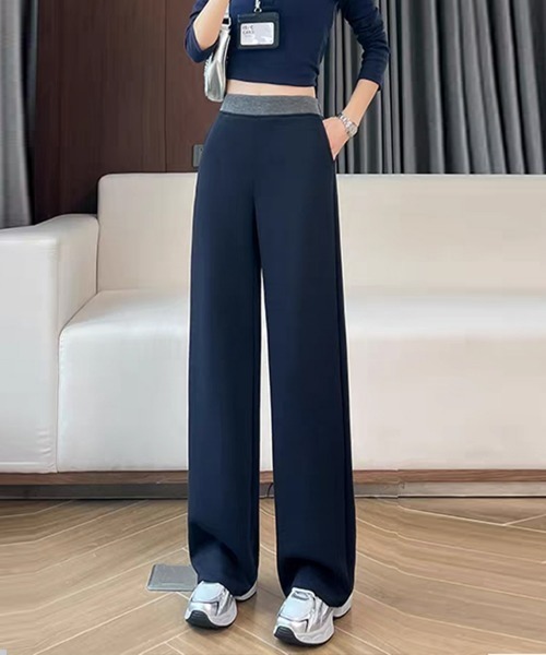 HANDO(ハンド)の「配色ウエスト美脚ワイドリラックスパンツ(スウェットパンツ・レディース・ネイビー/ブラック・S/M/L/XL/XXL)」の16枚目の写真