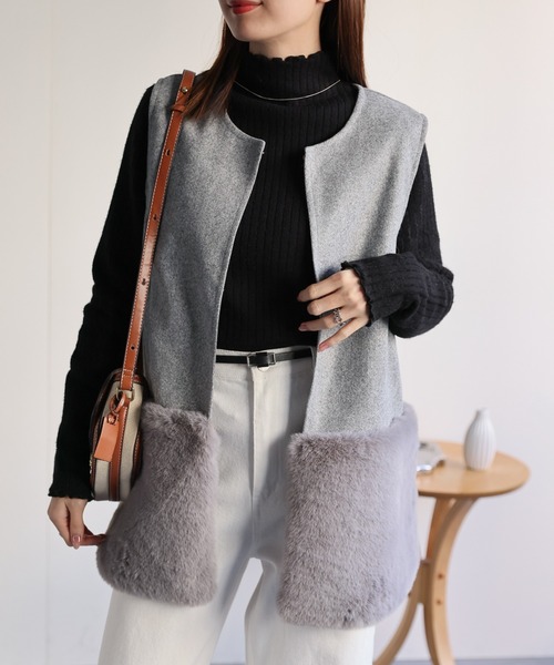 セール】ウールライクベスト/ファー切り替え/ファーベスト（ベスト