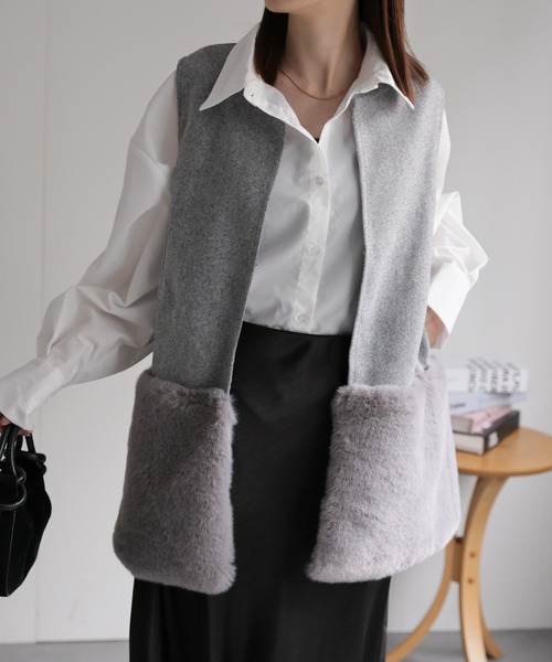 セール】ウールライクベスト/ファー切り替え/ファーベスト（ベスト