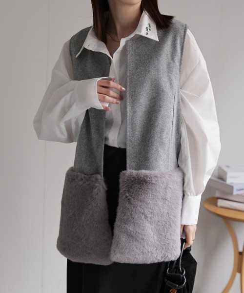 セール】ウールライクベスト/ファー切り替え/ファーベスト（ベスト