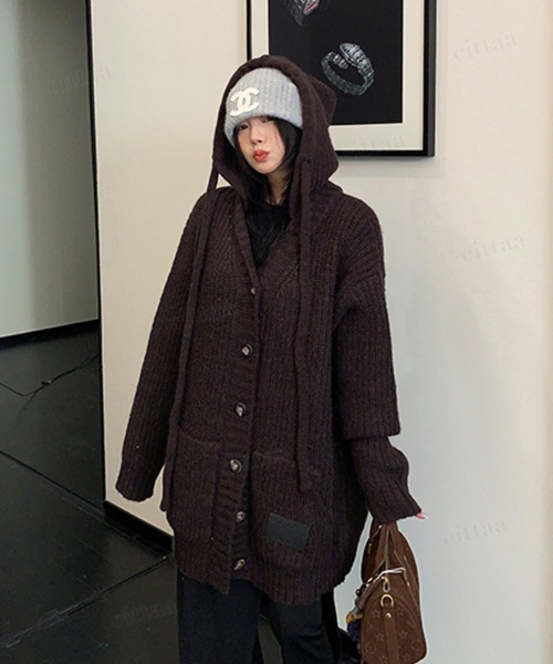 韓国ファッション フェイクレザーラベル付きニットパーカーカーディガン